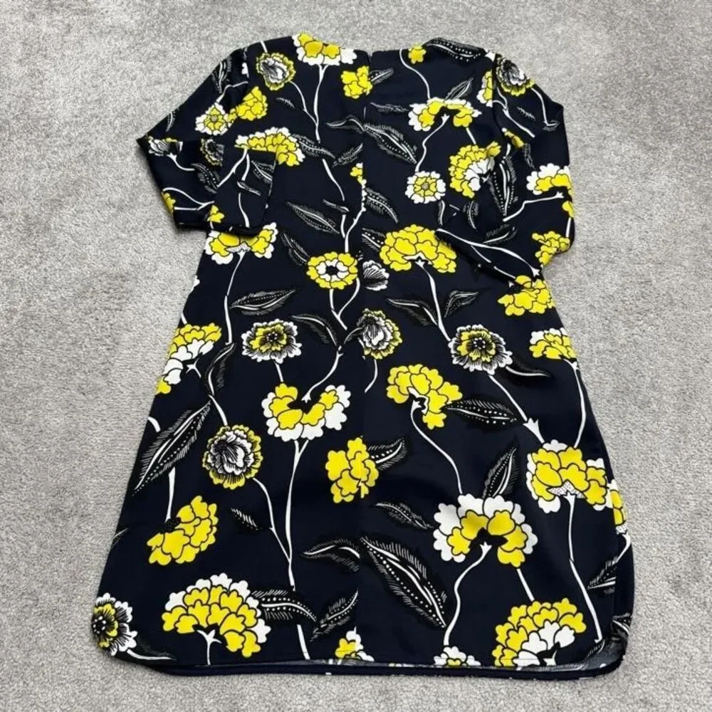 Boden Midi Sheath Dress Womens US10R UK14R Navy Blue Yellow Floral 3/4 Sleeve